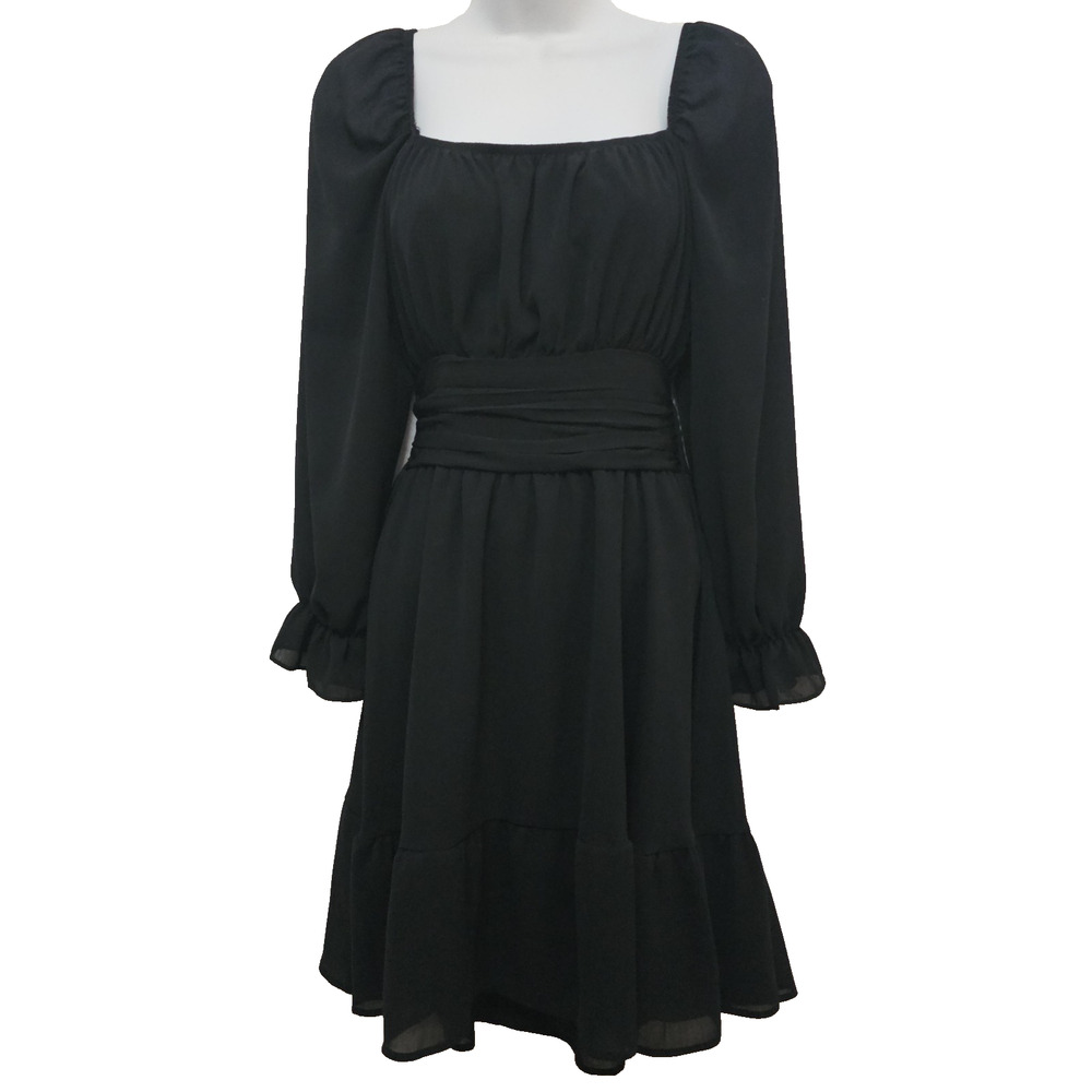 Dress S Black Sheer Chiffon Ruffle Square Neck Dark Romantic Cottage Whimsigoth
